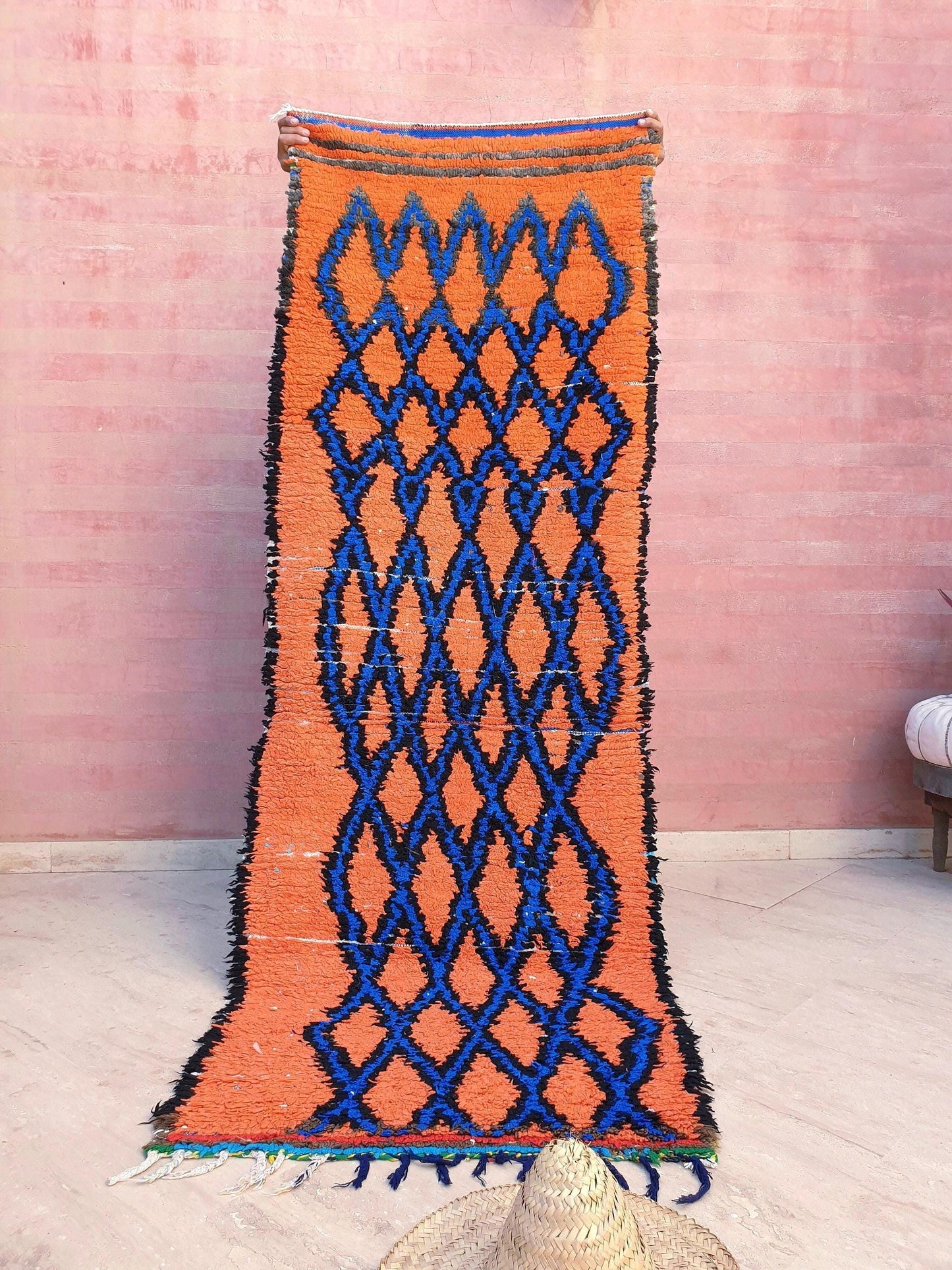 Stunning Moroccan Runner Rug 2.8x6.5 Super Pretty Boujaad rug, Artistic Blue Papaya Orange Geometric Hallway rug