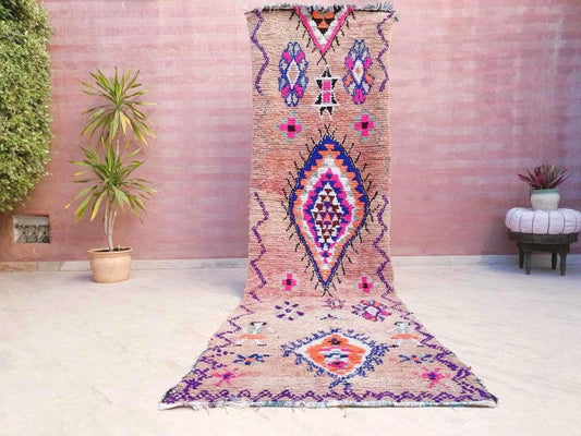 Vintage Moroccan rug 3.3x11.5 Unique Stunning blush hallway rug "2 Sisters" colorful runner rug, peach boujaad rug