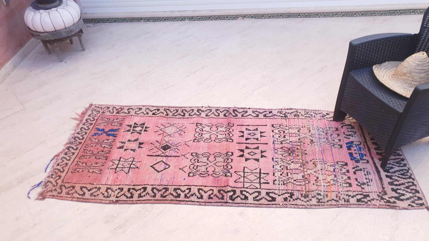 Vintage Moroccan Runner Rug, Faded Pink Boujaad Runner 3.1x7.8  Blush Pink Berber Rug, Rare Tribal Moroccan rug, Old Rose Bohemian Beauty