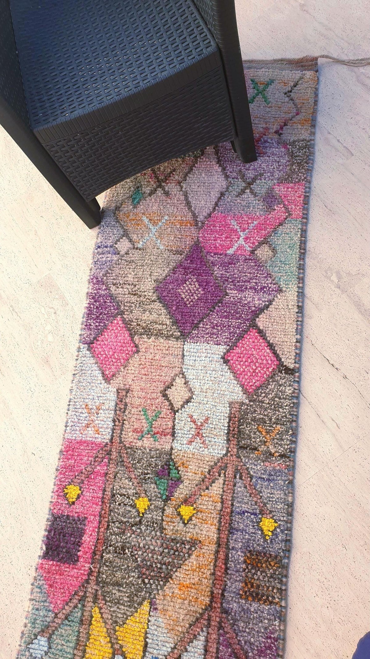 Pastel Tribal Moroccan Runner Rug – 2x10.5 Berber hallway rug, soft pinks & mustard tones, Vintage handmade Boujaad runner, boho eclectic