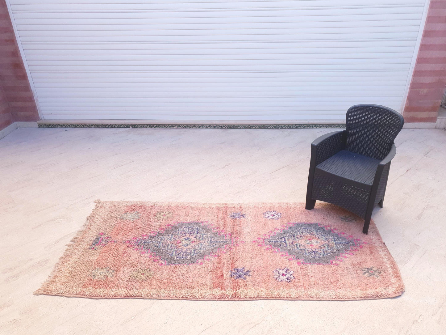 Vintage Moroccan Rug, Soft Blush Boujaad Runner 3.5x7.7 ft faded rose pastel rug, Tribal blue gray medallions, Handmade wool art