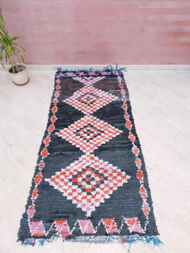 Vintage Black Boucherouite Runner Rug, Moroccan Berber Rug (3.3x7.5 ft)