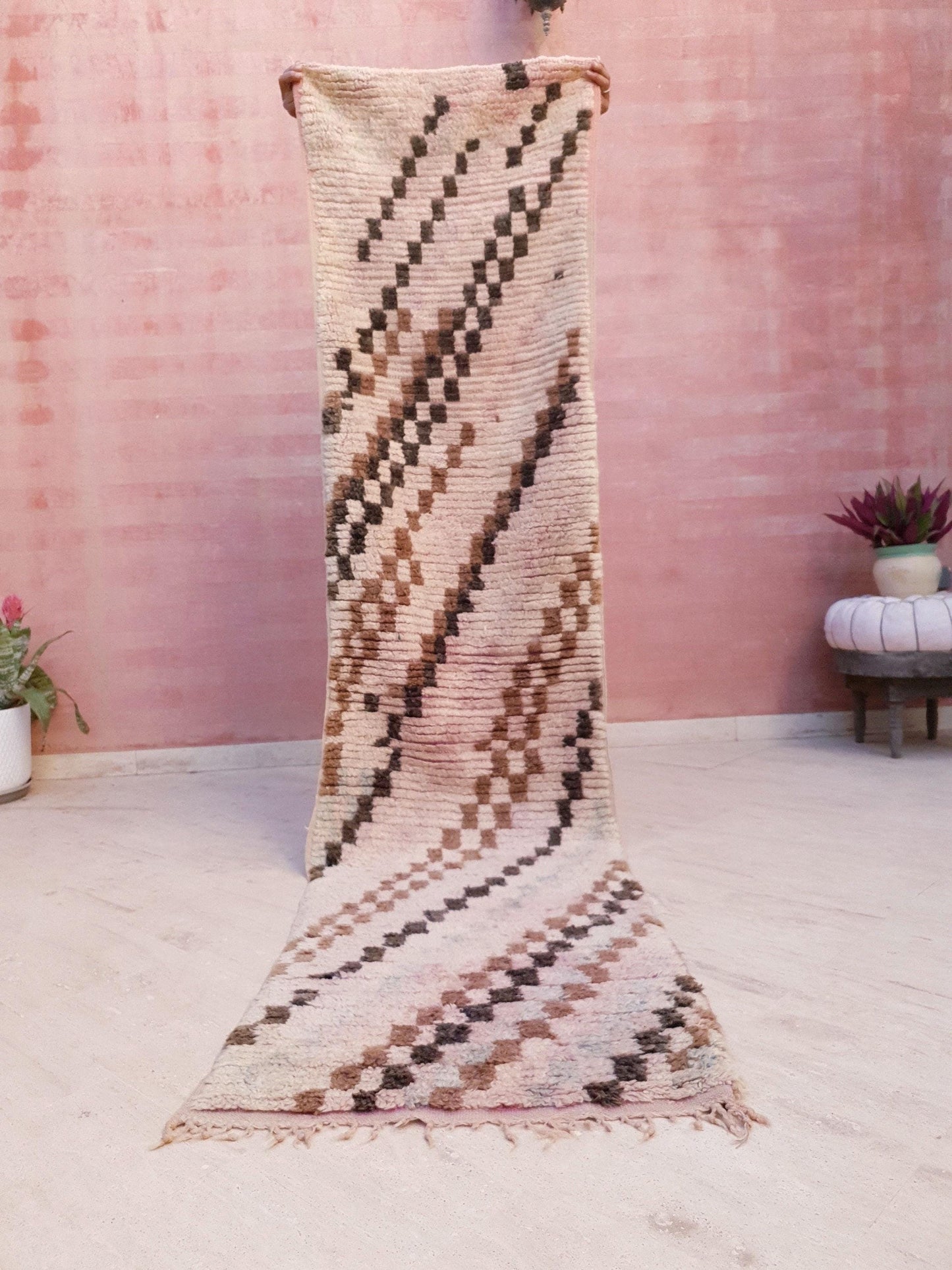 Vintage Moroccan Rug 2.4x9.8 checkered Boujad Runner Rug, Super unique Berber Brown Blush hallway Rug, boho boujaad rug
