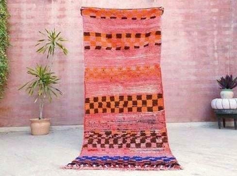 Vintage Moroccan Rug 3x7 Gorgeous Checkered Rug | Peach Runner Rug  | Berber Tribal Rug | Pach Pink Blue Accent Rug