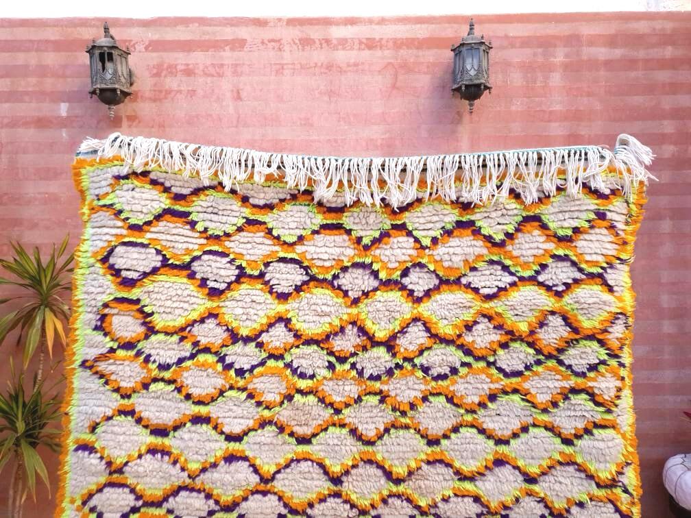 Vintage Moroccan Azilal Rug, Yellow Purple Orange, 4x8.6 ft
