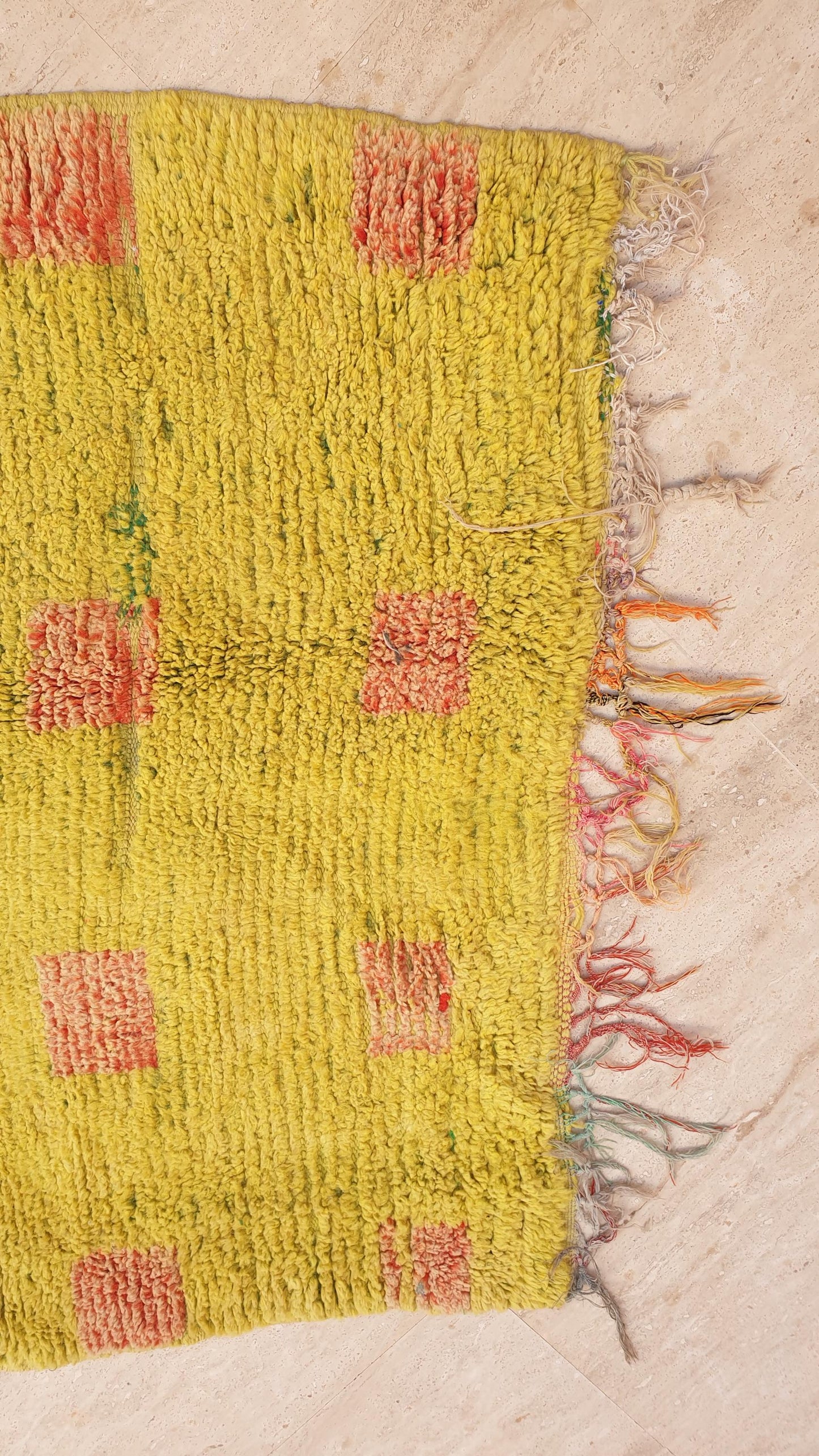 Vintage Moroccan Boujaad Rug KISS of Klimt, Yellow Wool with Red Accents, 4.2x8.6 ft
