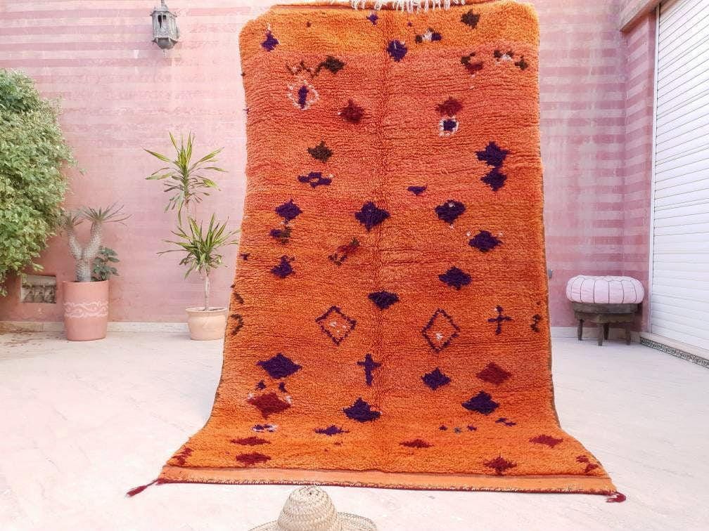 Vintage Moroccan Rug 4.7x8.3 stunning orange papaya boujaad rug, Vintage Beni Ourain Rug bedroom rug, living room rug