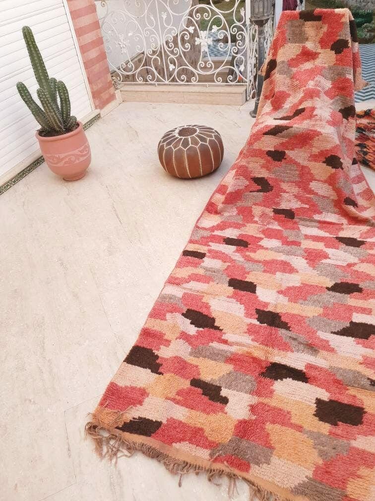 Vintage Moroccan rug 4.1x10.5 Stunning Boujaad rug, Checkered Boujad Rug, blush warm tones muted rug  living room rug