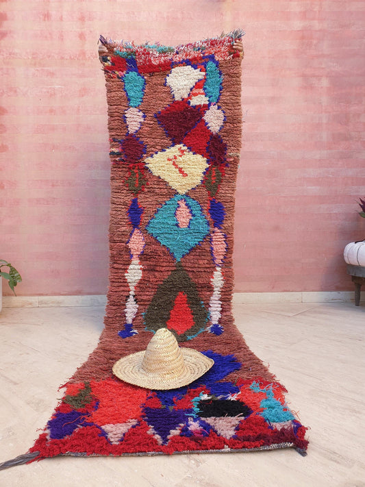 Vintage Moroccan Rug 2.6x9.9 ft berber colorful artistic rug, Abstract Tribal rug, Unique Boujaad Hallway Rug