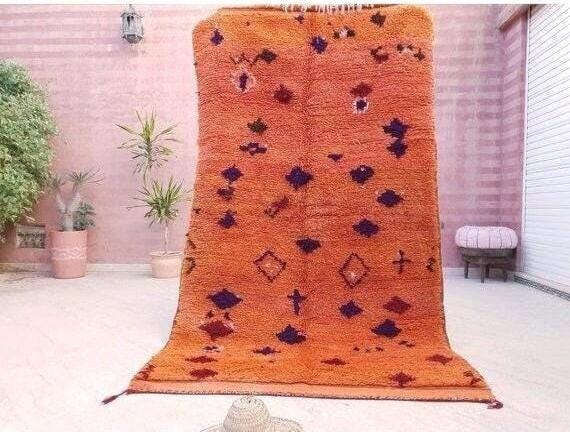 Vintage Moroccan Rug 4.7x8.3 stunning orange papaya boujaad rug, Vintage Beni Ourain Rug bedroom rug, living room rug