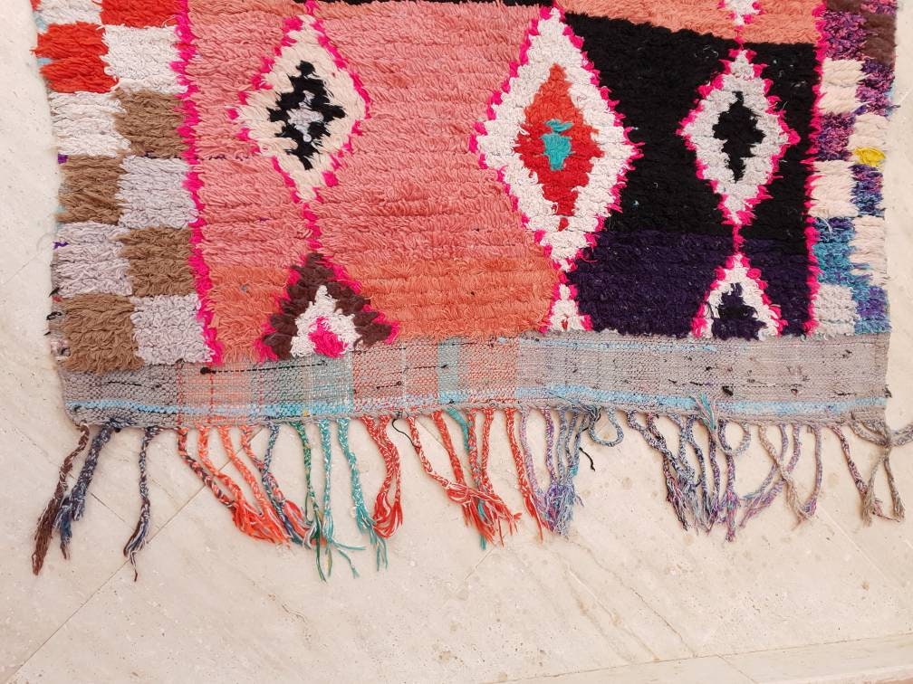 Vintage Berber Runner Rug, Black Pink Boujaad Moroccan Rug (3.6x7.8 ft)