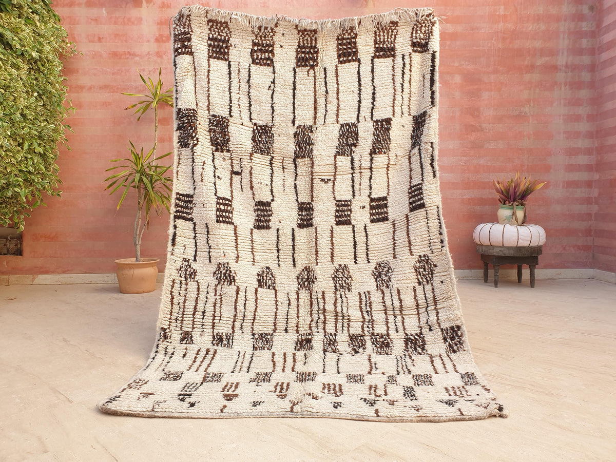 Vintage Berber Azilal Rug, Cream & Brown Wool, Moroccan Tribal Design (4.5x7.5 ft)