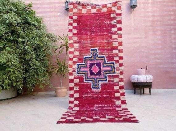 Vintage Moroccan rug 3.1x8.1 Gorgeous Boujaad runner rug, Maroon Beet Purple Boujad rug, Entry hallway rug