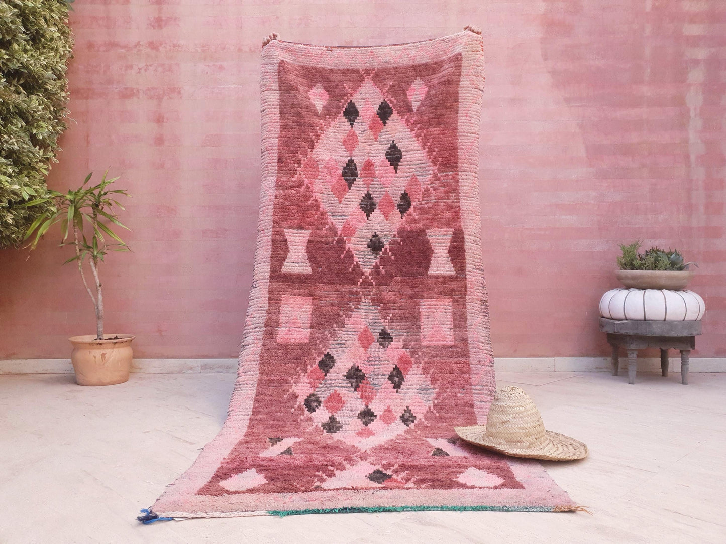 Vintage Moroccan Rug 3.5x8.5 Gorgeous Boujaad Blush Pink Brown rug, Beige Cream Hallway rug, Unique runner rug Authentic Berber Boujad rug