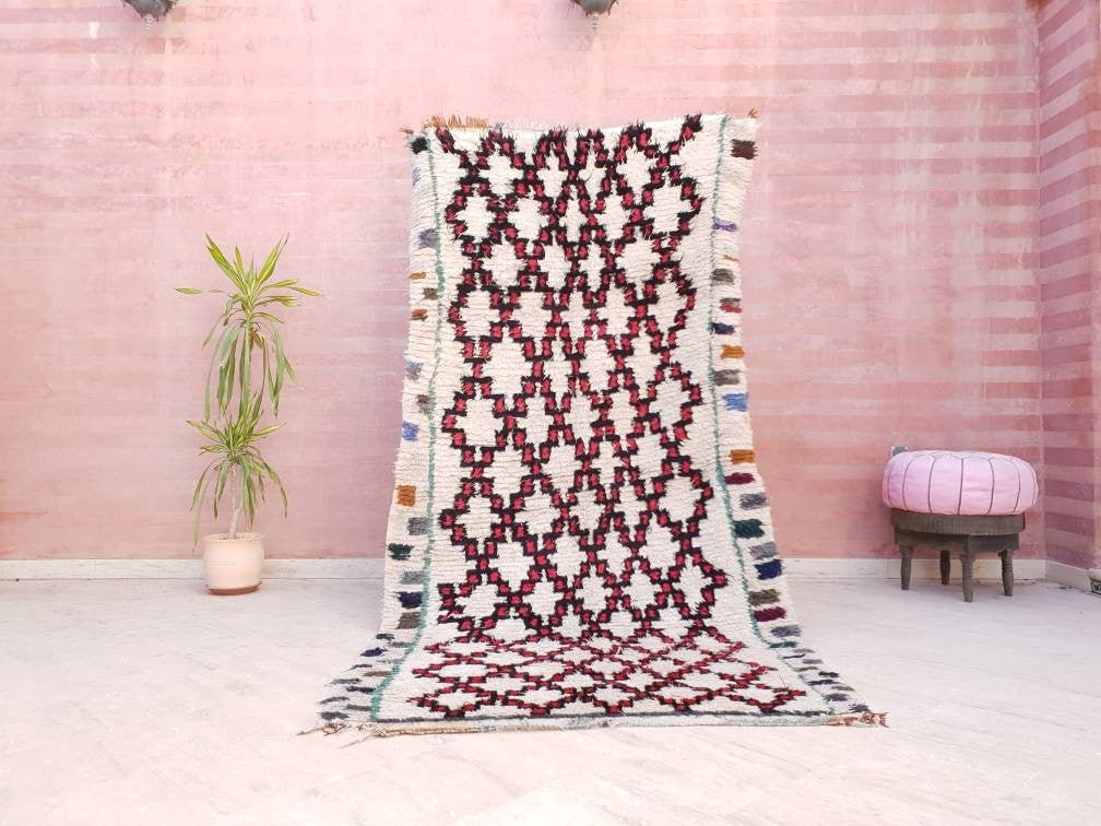 Vintage Moroccan Boujaad Rug, Red Black Ivory, Large Bohemian Rug (4.3'x9')
