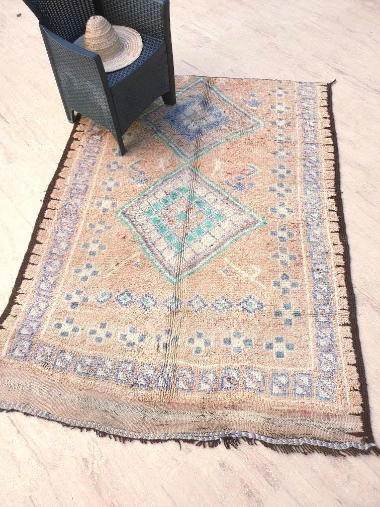 Vintage Moroccan Rug 5.4x7 Marvelous large cream rug Latté Boujaad Teal Beige rug, pastels morocan rug, squarish carpet