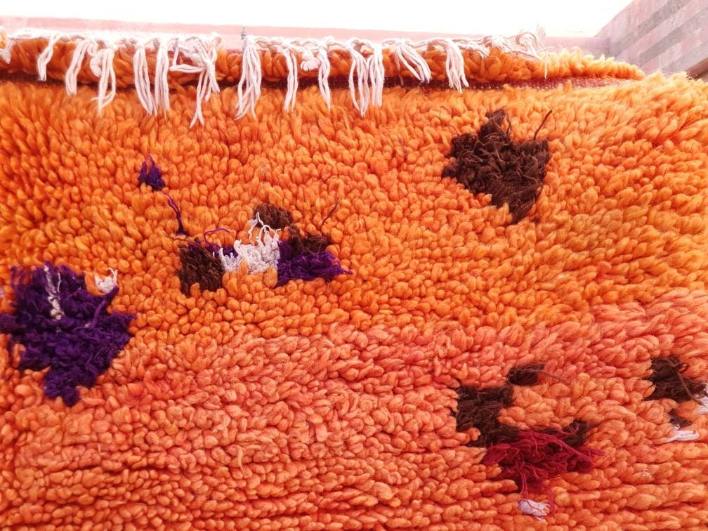 Vintage Moroccan Rug 4.7x8.3 stunning orange papaya boujaad rug, Vintage Beni Ourain Rug bedroom rug, living room rug
