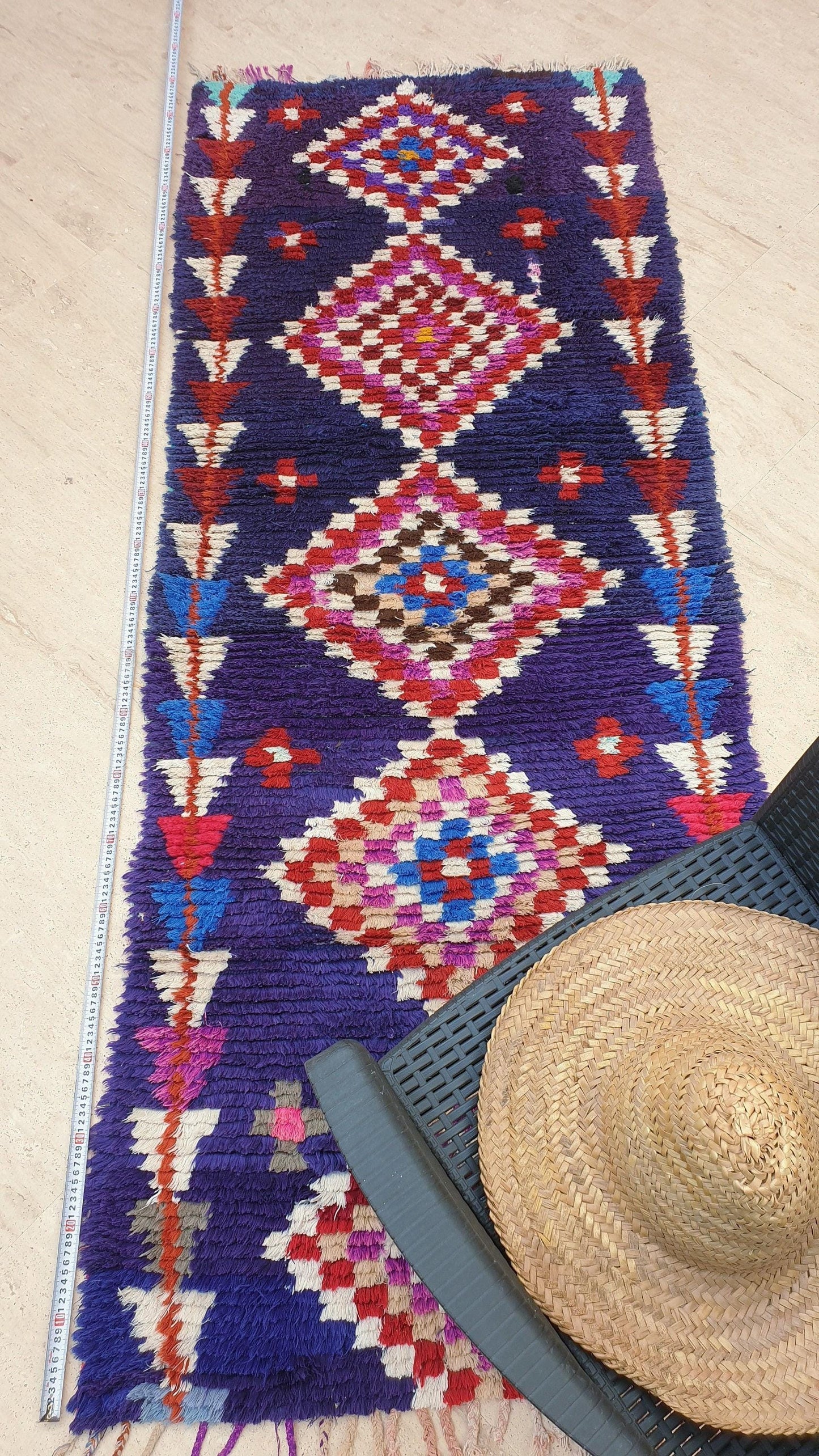 Vintage Moroccan rug 3x7.8 Gorgeous blue purple Boucherouite Rug, hallway rug, geometric runner rug, blue boujaad rug