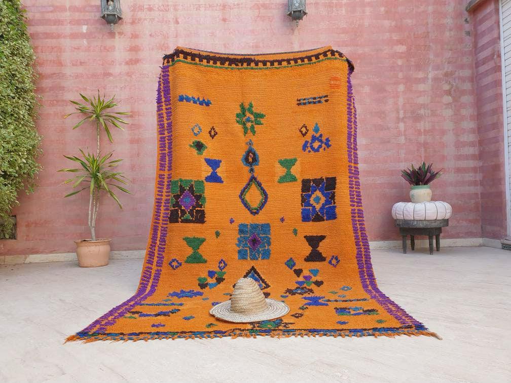 Stunning Moroccan Rug 5.1x8.1 Super Pretty Vintage Boujaad rug, Unique boujad rug, Blue Papaya Orange Berber carpet