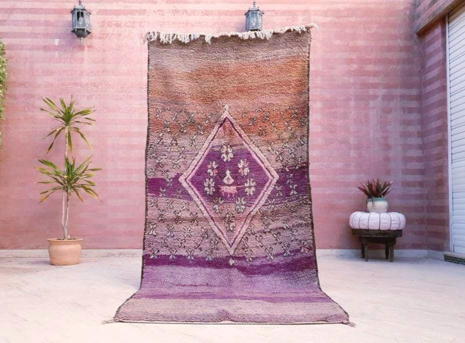 Vintage Moroccan Rug 3.9x8.5 Gorgeous Purple Peach Blush rug "Roses & Butterflies" Unique boujaad rug mauve purple rug