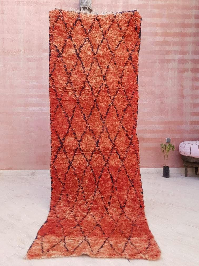 Vintage Fire Red Boujaad Moroccan Rug, Hallway Runner 2.9x8.2