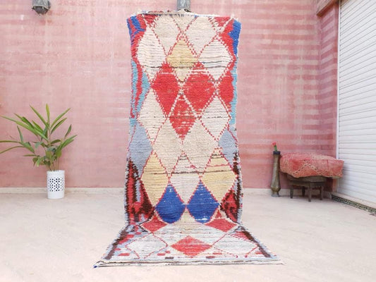 Vintage Moroccan rug 3.5x9 Abstract Berber Boujaad Rug boucherouite rug, colorful bedroom rug,  entryway rug