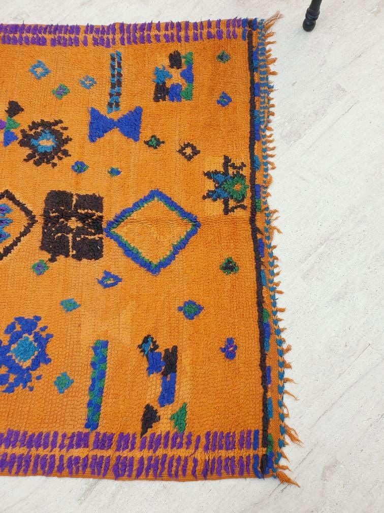 Stunning Moroccan Rug 5.1x8.1 Super Pretty Vintage Boujaad rug, Unique boujad rug, Blue Papaya Orange Berber carpet