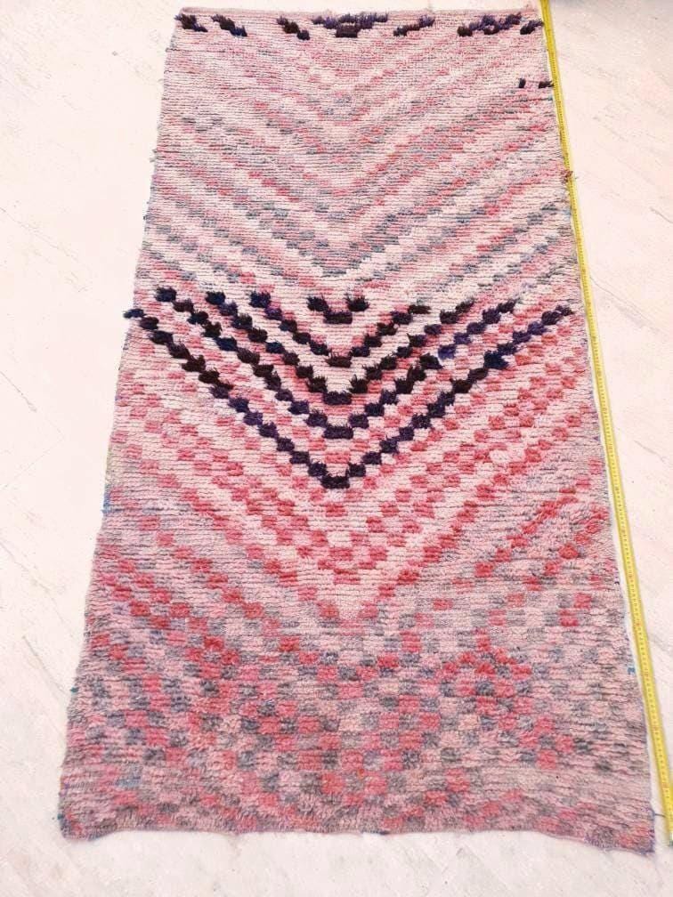 Vintage Moroccan Rug 3.8x7.5 Gorgeous Blush Boujaad rug, Unique area Rug, checkered bedroom rug, living room rug