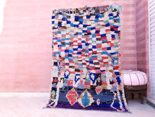 Vintage Moroccan Rug 3.9x6.2 Boucherouite Rug, Boujaad rug Rug | Colorful Hallway Rug | Berber Runner rug | bedroom rug | living room rug