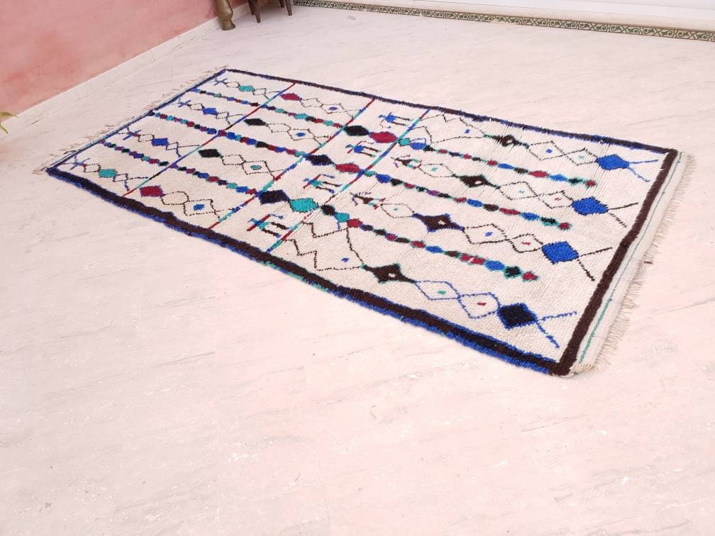 Vintage Beni Ourain Rug, 5x10 Moroccan Berber Rug, Teal & Red Accent