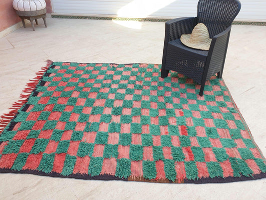 Gorgeous Green Moroccan Rug 5.6x6.9 ft Checkered green pink coral tribal rug, unique boujaad rug, squarish berber rug, salmon handmade rug