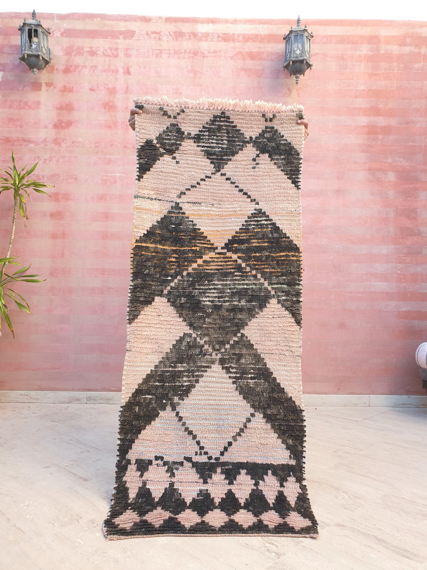 Vintage Moroccan Rug, Stunning Peach & Brown boujaad runner, 2.5x6.2  accent rug, Handwoven Moroccan hallway rug, geometric  accent rug