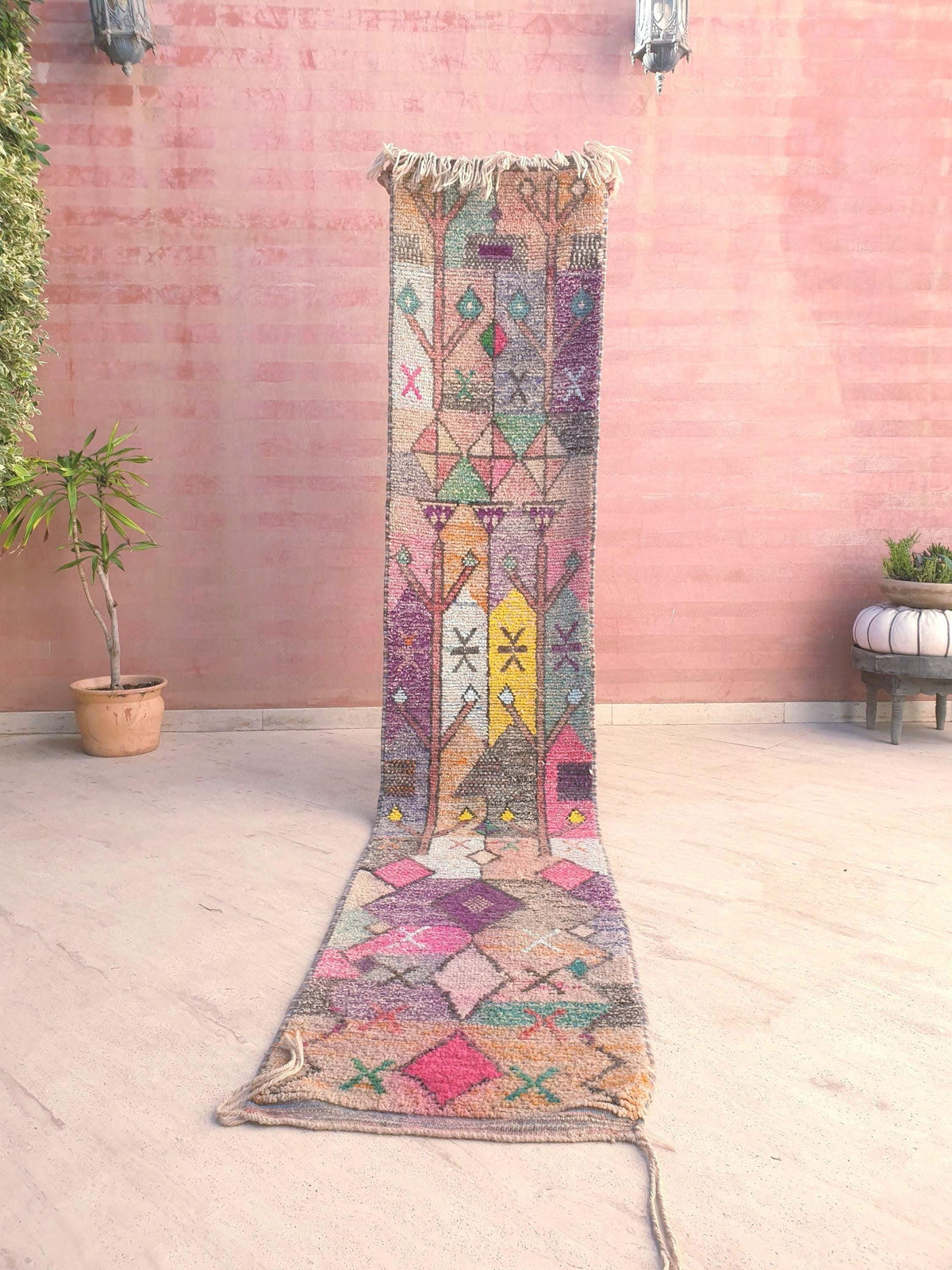 Pastel Tribal Moroccan Runner Rug – 2x10.5 Berber hallway rug, soft pinks & mustard tones, Vintage handmade Boujaad runner, boho eclectic