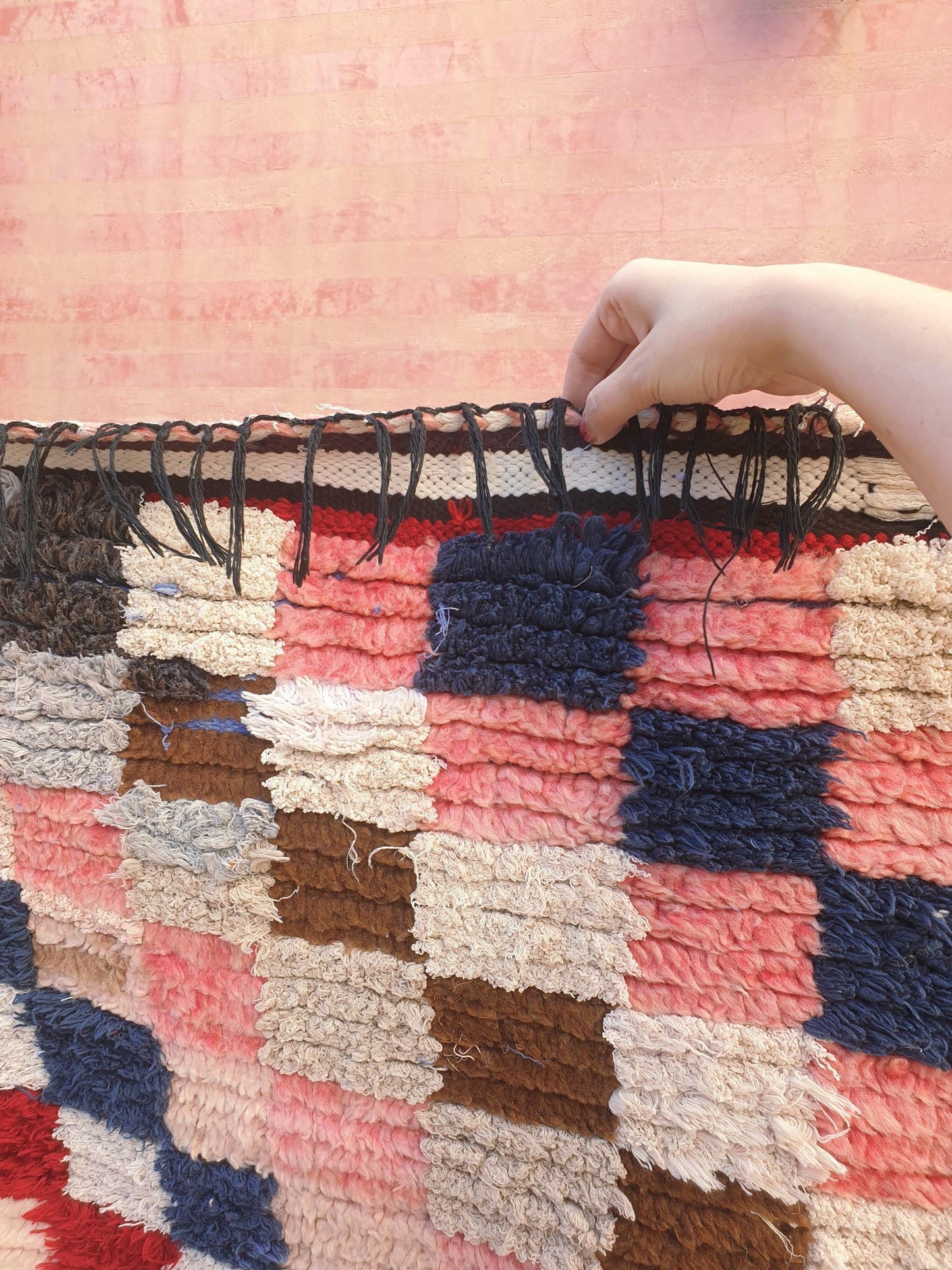Gorgeous Moroccan Runner Rug • 2.5ft x 6.6ft • Checkered Boujaad Rug • Blush Brown Pink rug • Colorful Boucherouite rug