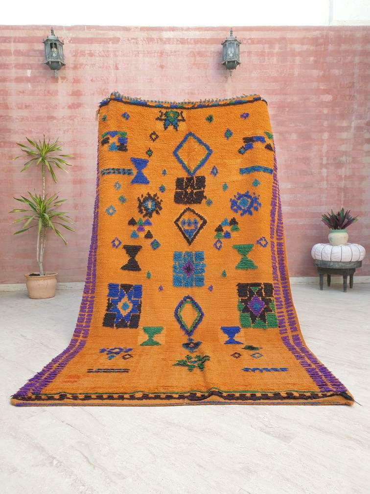 Stunning Moroccan Rug 5.1x8.1 Super Pretty Vintage Boujaad rug, Unique boujad rug, Blue Papaya Orange Berber carpet