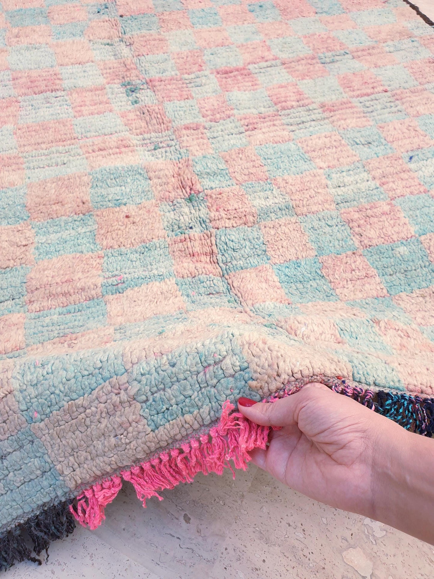 Pastel Checkered Boujaad Rug, 5.1x5.4 ft pastel aqua blush rug, Vintage Moroccan rug, Vintage Boujaad squarish rug