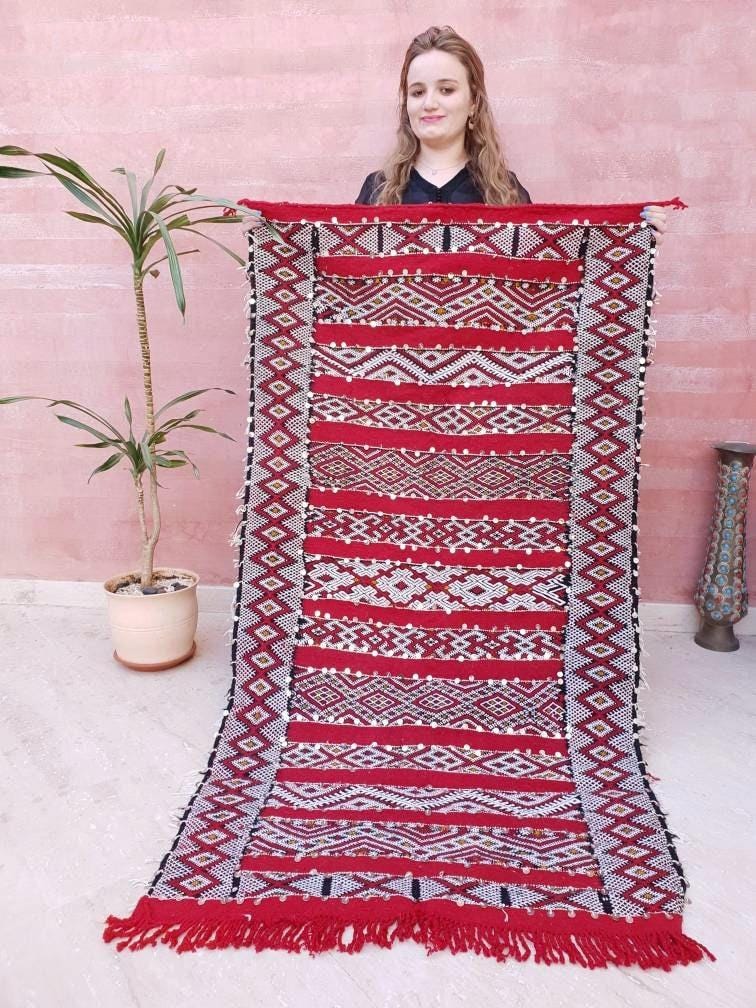 Vintage Sequined Berber Rug, Red Moroccan Rug 3x5.7