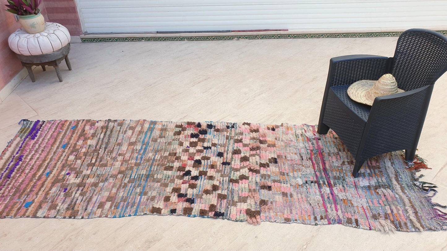 Vintage Moroccan rug 3.3x10 Gorgeous Blush earth tones Checkered rug | Pinl Brown Boujaad rug, boujad statement piece