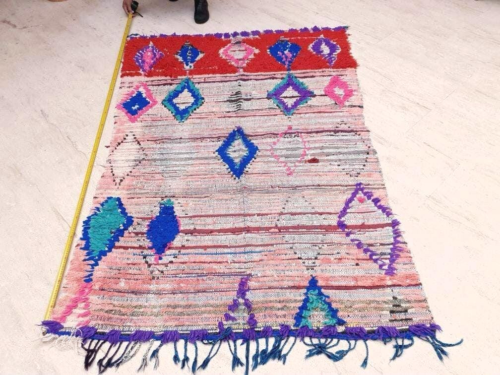 Vintage Moroccan Rug 4.5x6.7 Gorgeous Abstract boujaad Rug large bedroom rug living room rug, Pink red rug