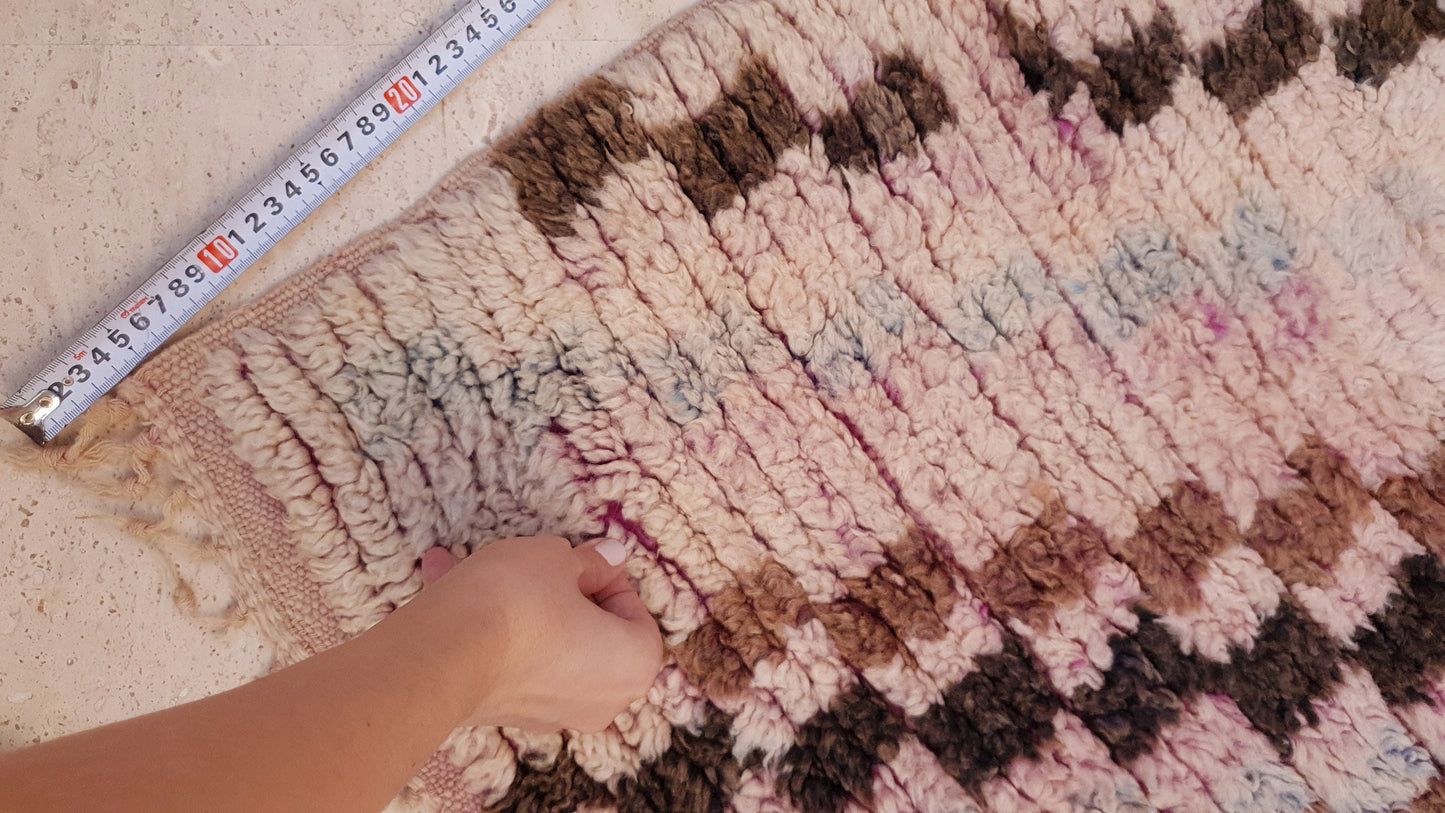 Vintage Moroccan Rug 2.4x9.8 checkered Boujad Runner Rug, Super unique Berber Brown Blush hallway Rug, boho boujaad rug
