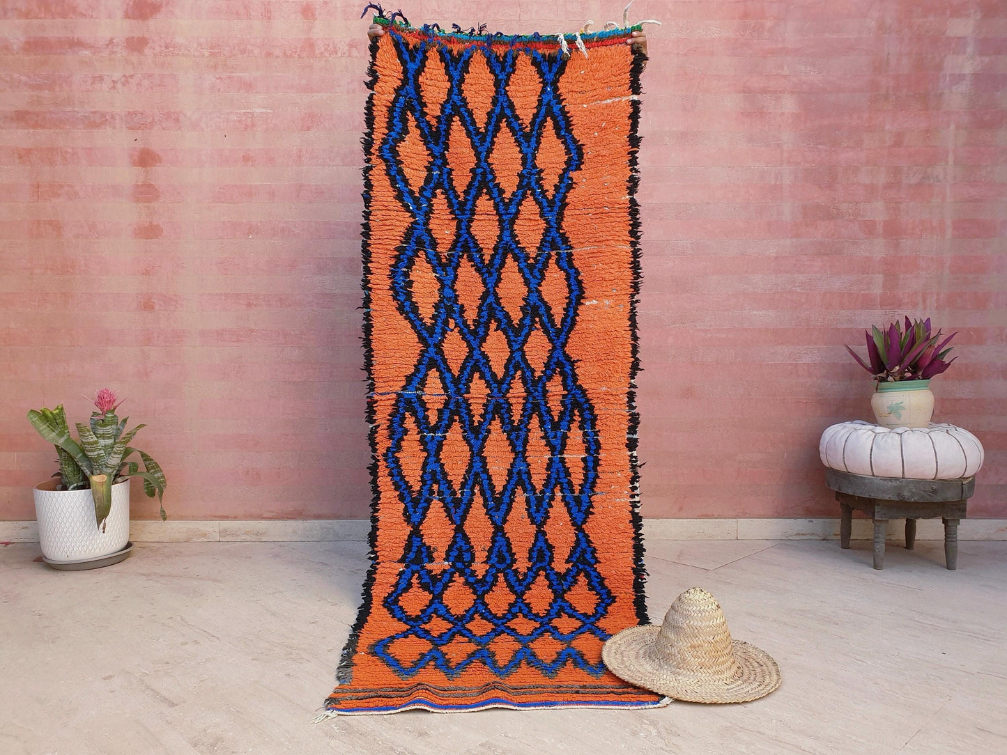 Stunning Moroccan Runner Rug 2.8x6.5 Super Pretty Boujaad rug, Artistic Blue Papaya Orange Geometric Hallway rug