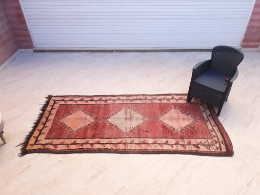 Vintage Moroccan Rug, Rare Terra Rose Boujaad Runner, 4.1x8.7 ft earthy pink & clay hallway rug, Handmade tribal diamond rug, One-of-a-kind