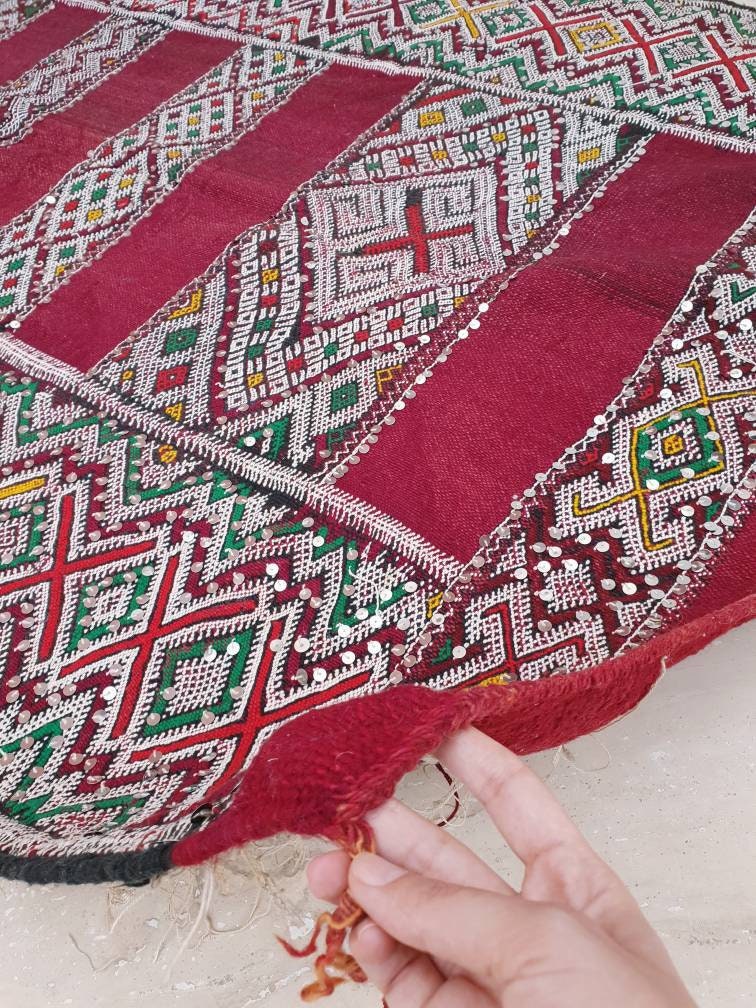 Vintage Sequined Berber Rug | 4x10 ft Maroon Moroccan Kilim Runner