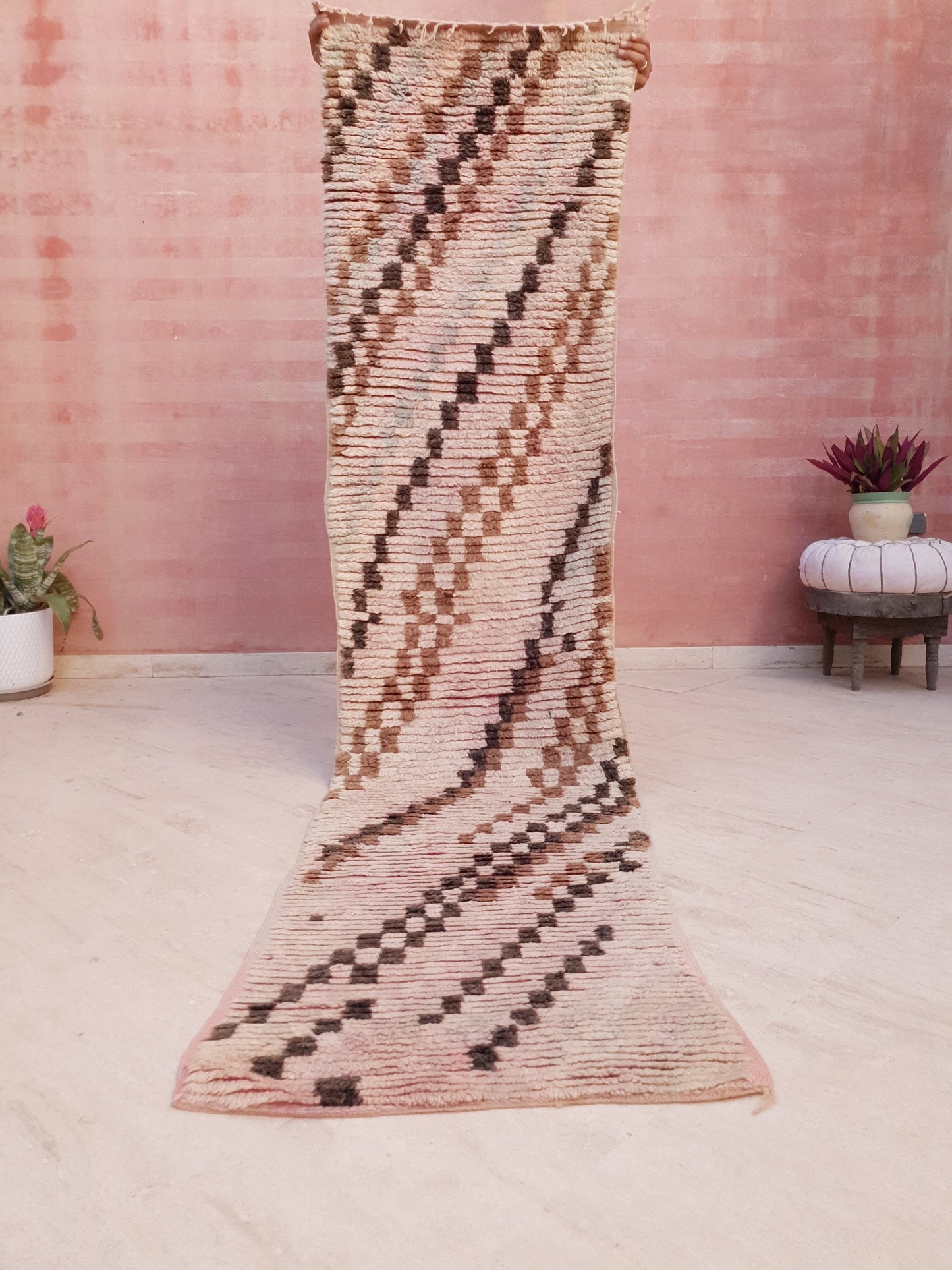 Vintage Moroccan Rug 2.4x9.8 checkered Boujad Runner Rug, Super unique Berber Brown Blush hallway Rug, boho boujaad rug