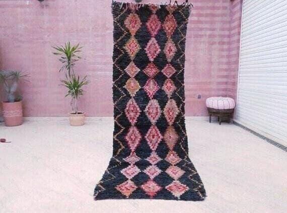 Vintage Moroccan Rug 3x9 Black Rug, Retro runner Rug, Unique Hallway Rug, boujaad accent rug boucherouite rug