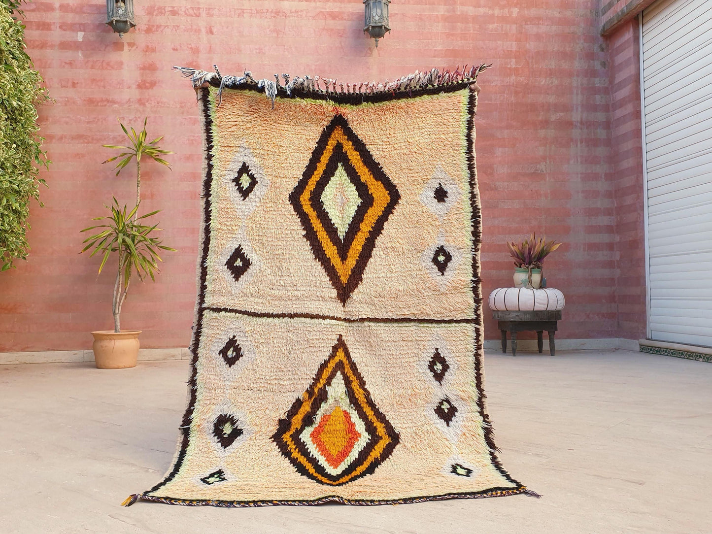 Vintage Moroccan Rug, Gelato Pastel Boujaad Accent Rug 3x4.7  Small Moroccan Rug, Peach Neon Yellow Bedroom Rug