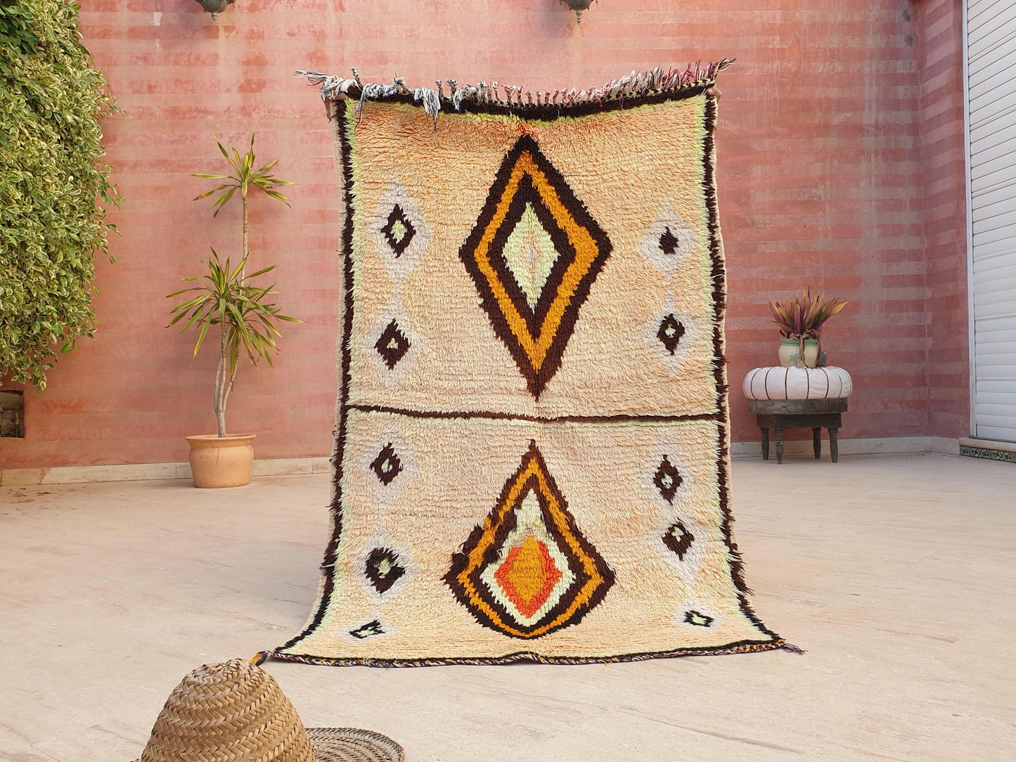 Vintage Moroccan Rug, Gelato Pastel Boujaad Accent Rug 3x4.7  Small Moroccan Rug, Peach Neon Yellow Bedroom Rug