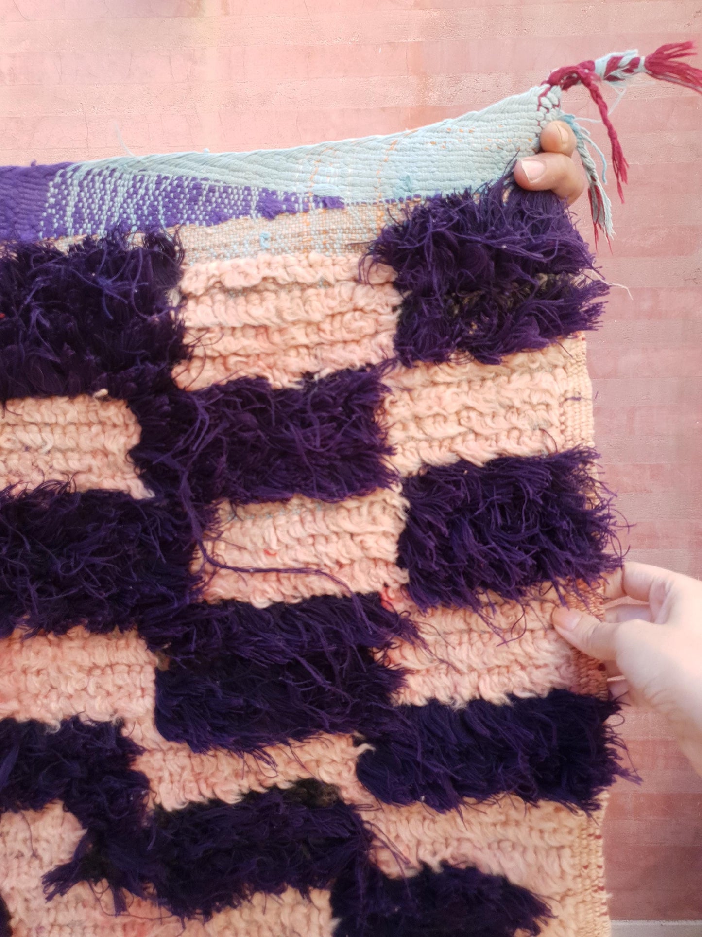 Vintage Moroccan Rug, Unique Checkered Blush powder Pink and Purple Boujaad Rug boucherouite rug, Unique accent rug