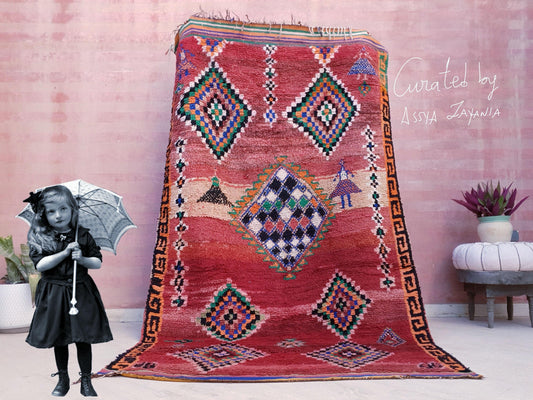 Vintage Moroccan rug 5x8.5 Precious Abstract boujaad rug "Little Girls" blush Coral Peach  colorful tribal rug