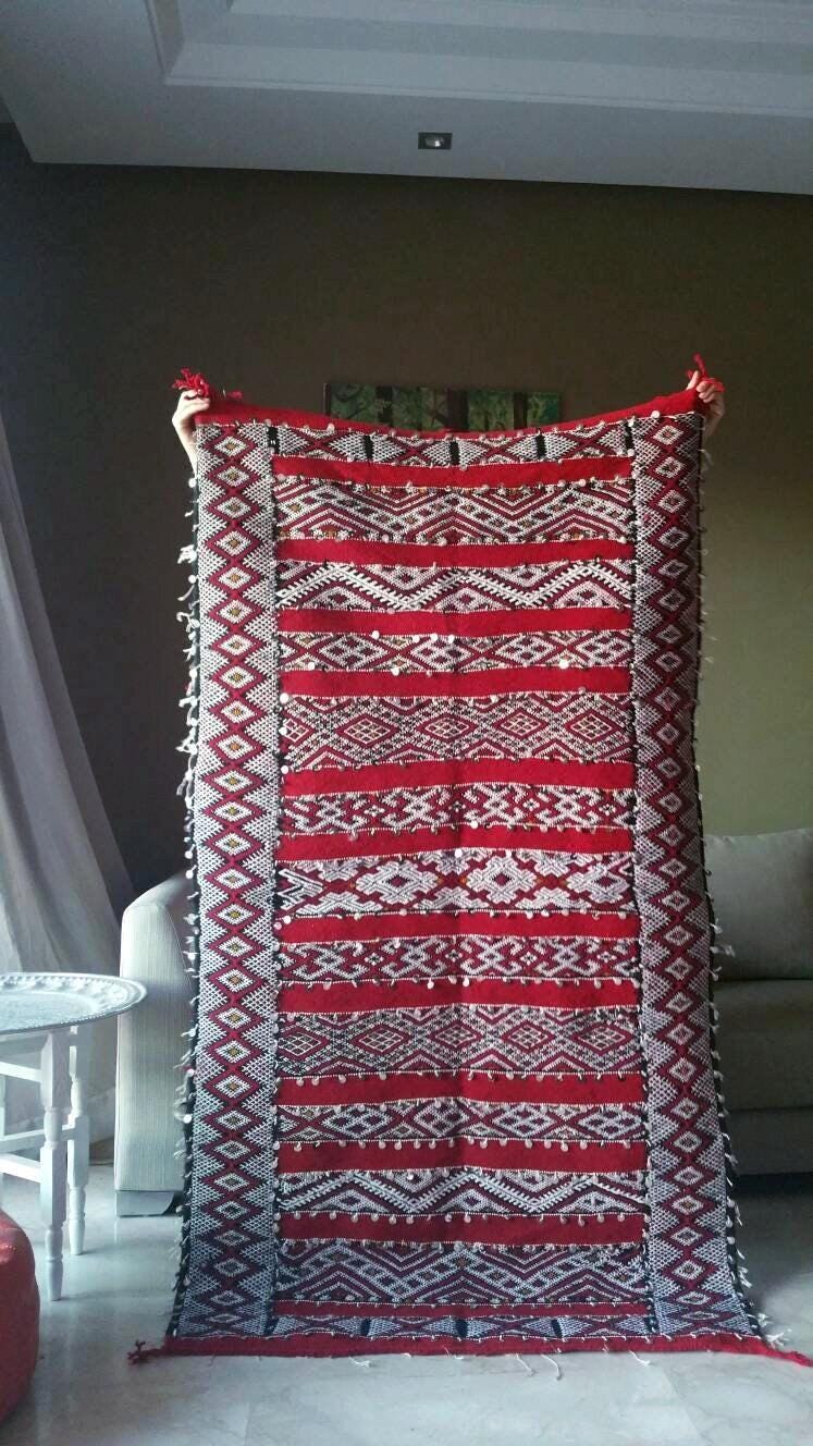 Vintage Sequined Berber Rug, Red Moroccan Rug 3x5.7